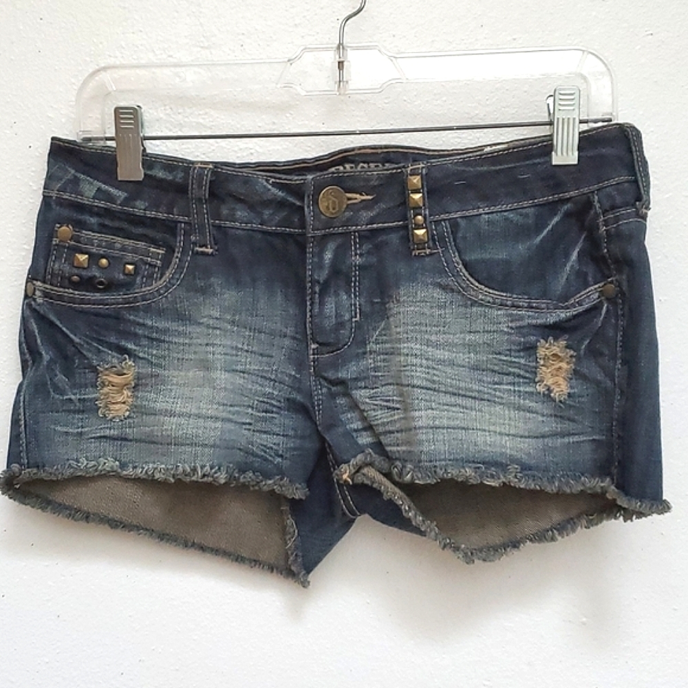 Shorts Blue Jean Denim Distressed & Frindge By Decree Size 5